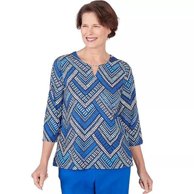 Petite Alfred Dunner Geometric Tile Split Neck Top, Womens Product Image