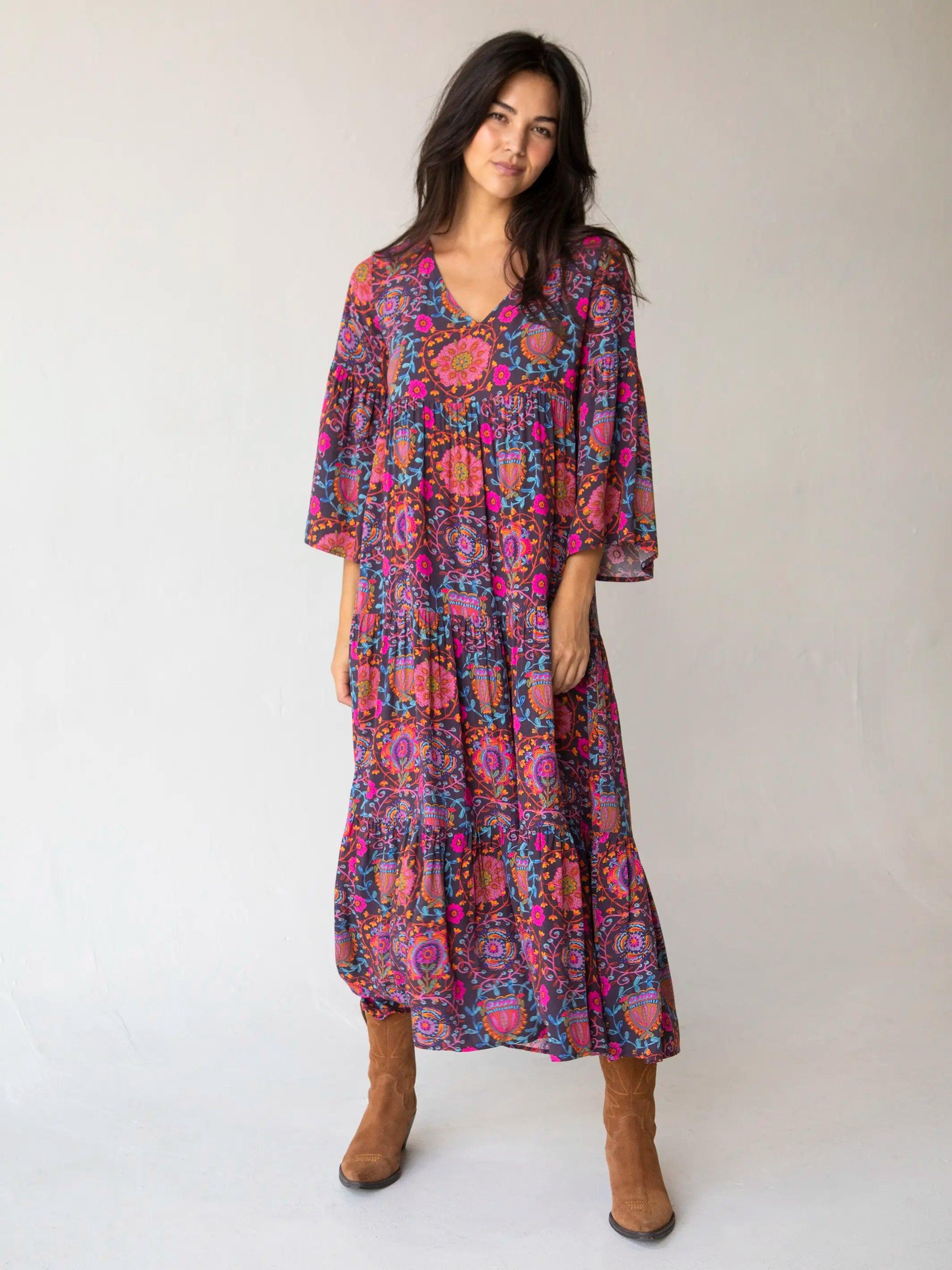 Charlotte Midi Dress - Black Printed Folk Circles Product Image