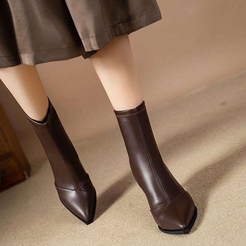 High Heel Pointed Toe Plain Faux Leather Short Boots product image