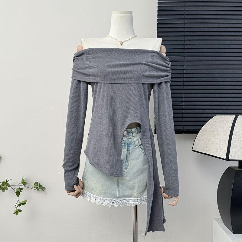 Asymmetrical Off-Shoulder Slited Crop T-Shirt Product Image