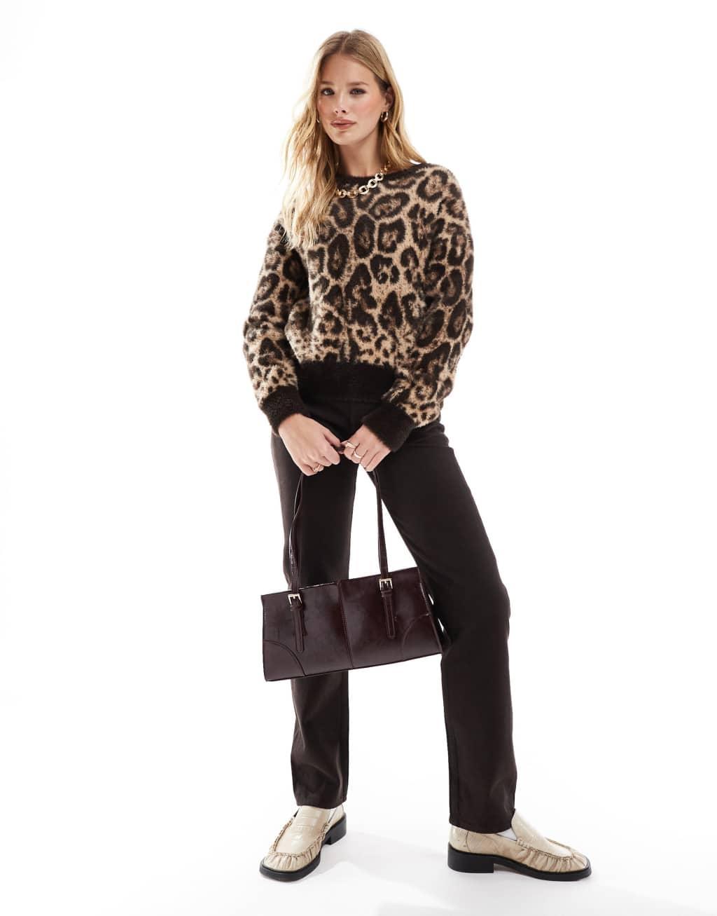 Pull&Bear fluffy knit sweater in leopard print Product Image