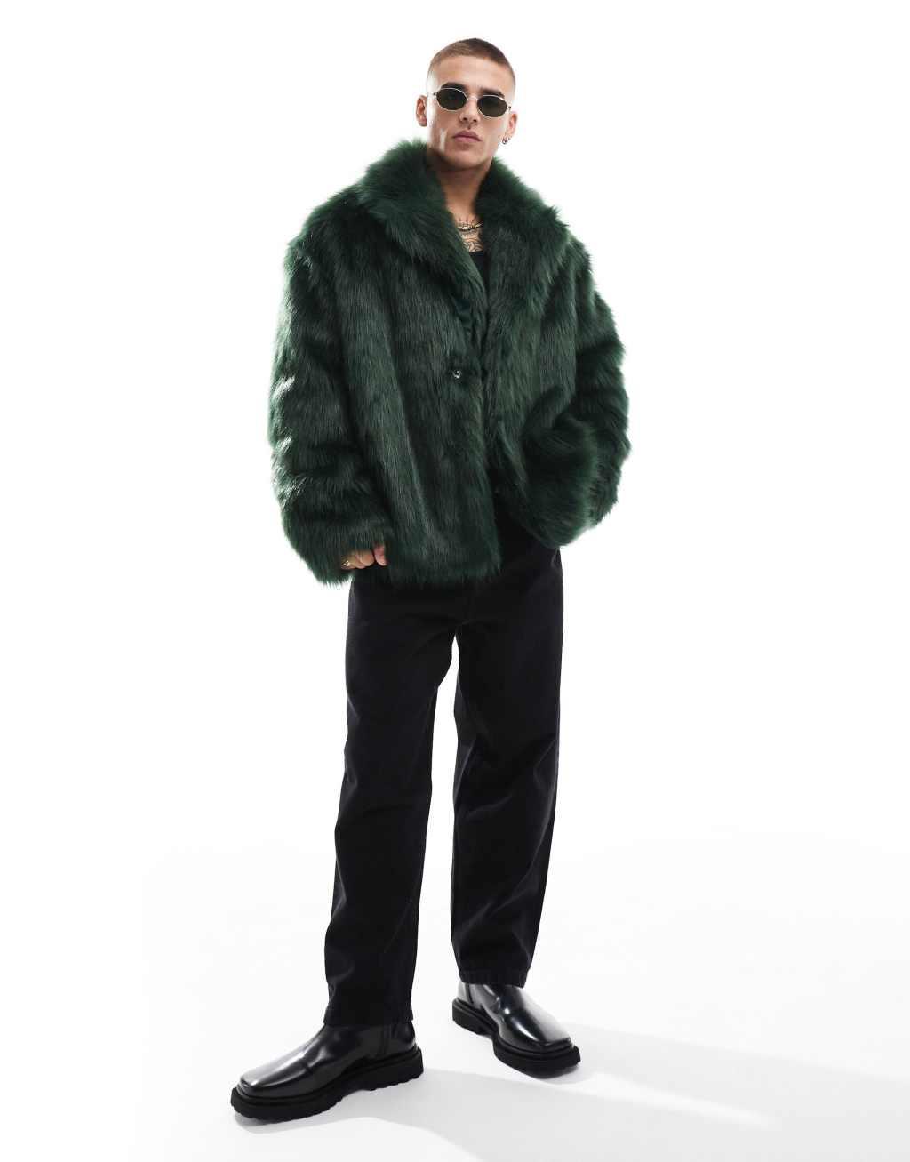 ASOS DESIGN oversized faux fur jacket in green Product Image