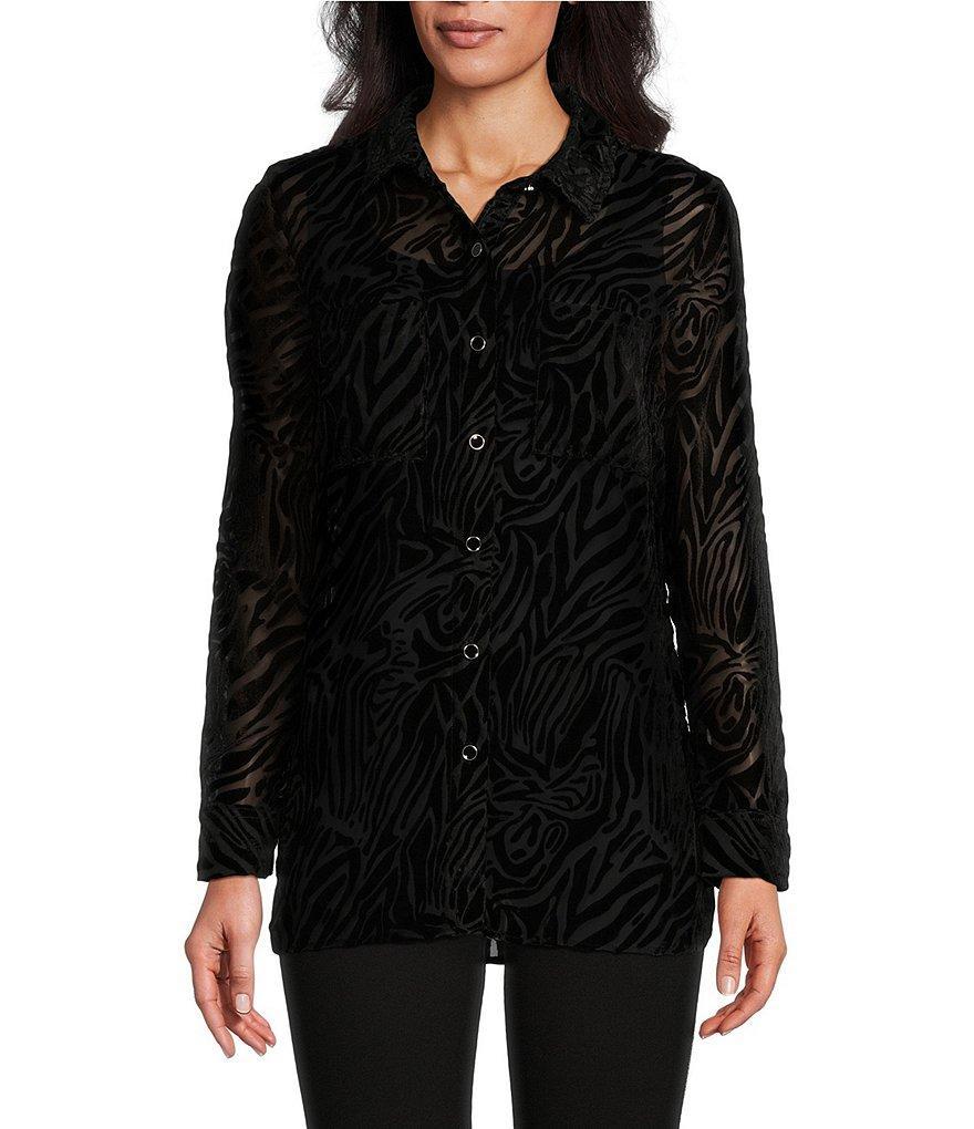 Slim Factor by Investments Point Collar Y-Neck Long Sleeve Button Front Zebra Top product image