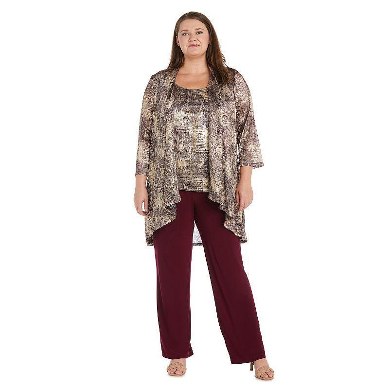 Plus Size R&M Richards 3-Piece Crinkle Foil Print Camisole, Ruffle Cardigan & Duster Pants Set with Necklace, Womens Red Product Image