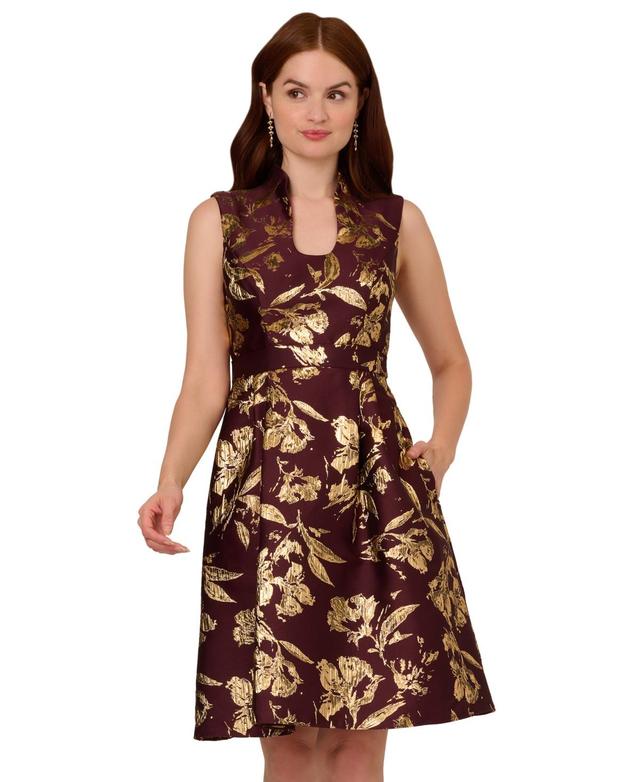 Adrianna Papell Womens Metallic Jacquard Fit & Flare Dress - Burgundy Product Image