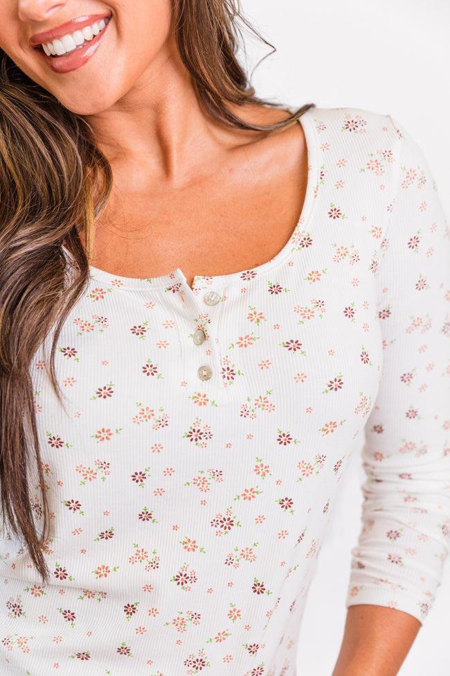 Best In Bloom Ivory Ribbed Floral Henley Top Product Image