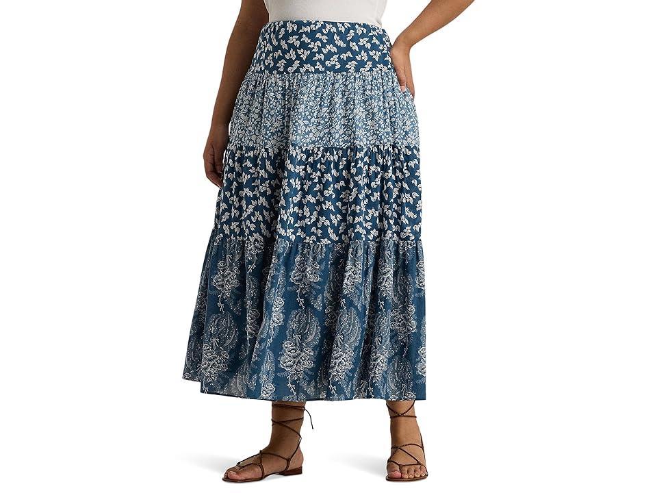 LAUREN Ralph Lauren Plus-Size Patchwork Floral Voile Tiered Skirt Cream) Women's Skirt Product Image