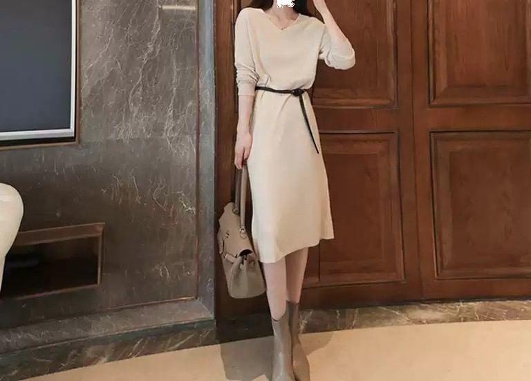 V-Neck Long Sleeve Midi Sweater Dress Product Image