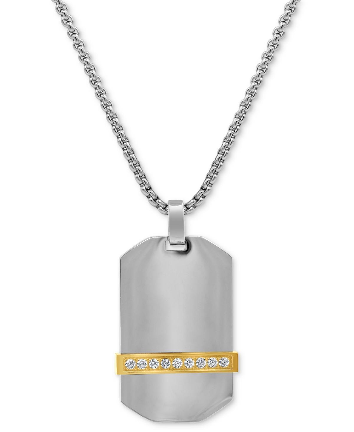 Mens Cubic Zirconia Dog Tag 24 Pendant Necklace in Stainless Steel & Yellow Ion-Plate Product Image