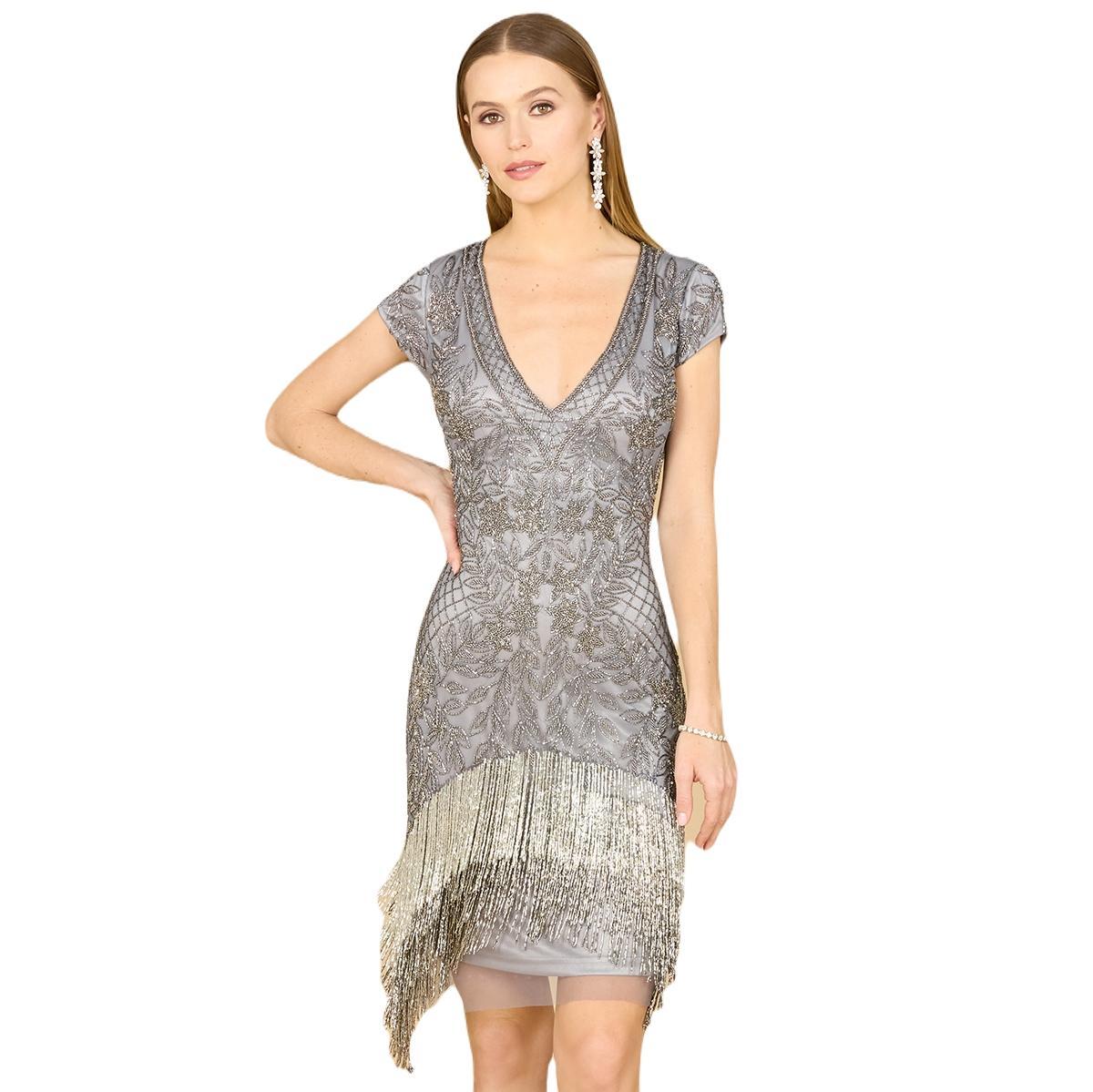 Womens Beaded Fringe Short Cocktail Dress Product Image