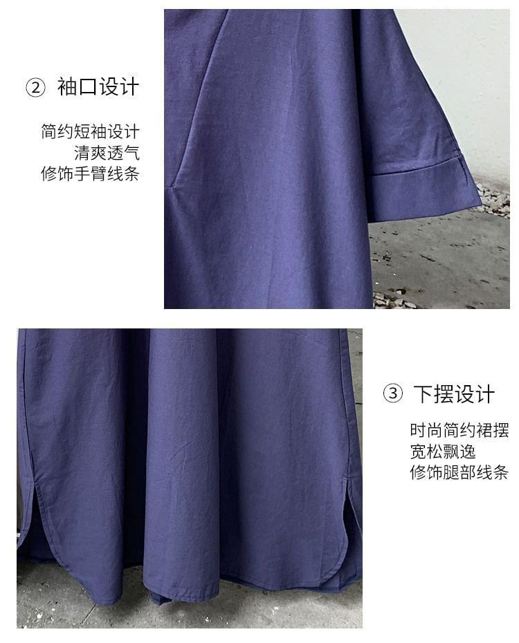 Elbow-Sleeve Stand Collar Plain Maxi Tunic Dress Product Image