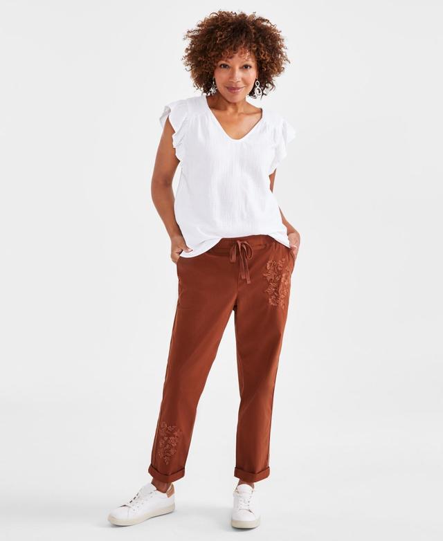 Women's Embroidered Pull-On Straight-Leg Pants, Created for Macy's Product Image