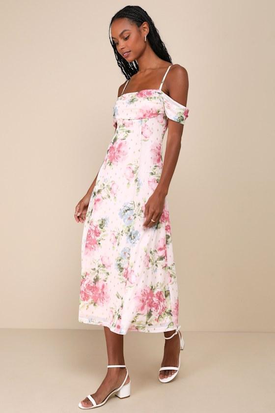 Sure to Adore Blush Pink Floral Mesh Cold-Shoulder Midi Dress Product Image