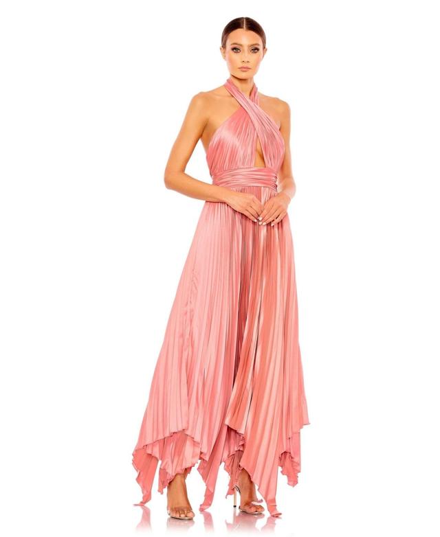 Womens Pleated Satin Halterneck Gown Product Image