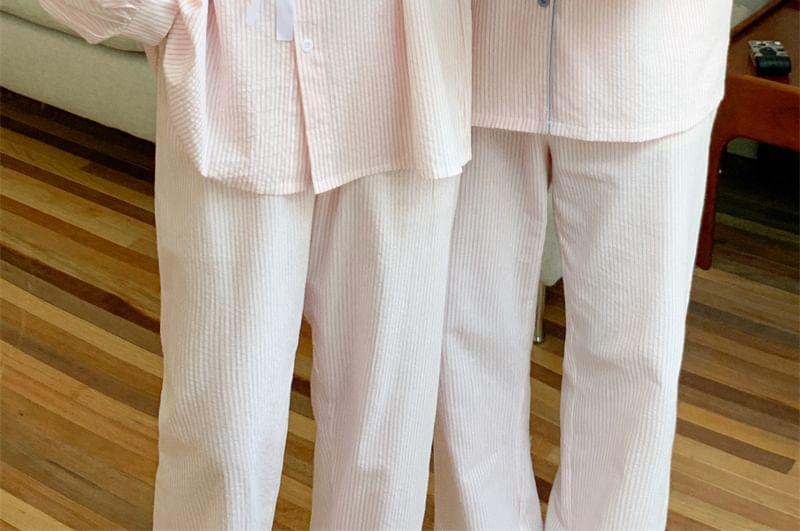 Couple Matching Striped Lace Trim Pajama Shirt / Pocket Detail Shirt / Pants / Set Product Image