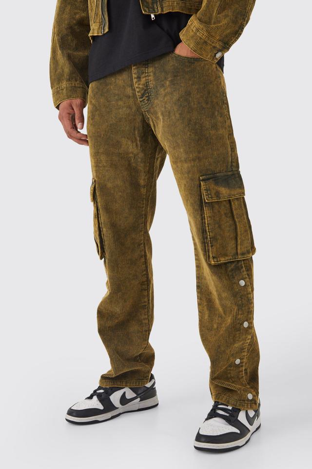 Mens Green Relaxed Acid Wash Corduroy Cargo Popper Hem Trouser, Green Product Image