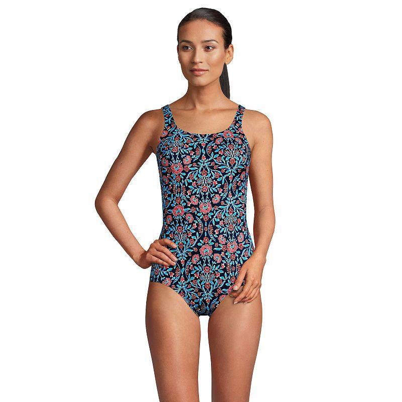 Womens Lands End Tugless Sporty UPF 50 One-Piece Swimsuit Blue Small Geo Product Image