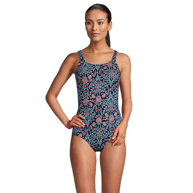 Womens Lands End Tugless Sporty UPF 50 One-Piece Swimsuit Blue Small Geo Product Image