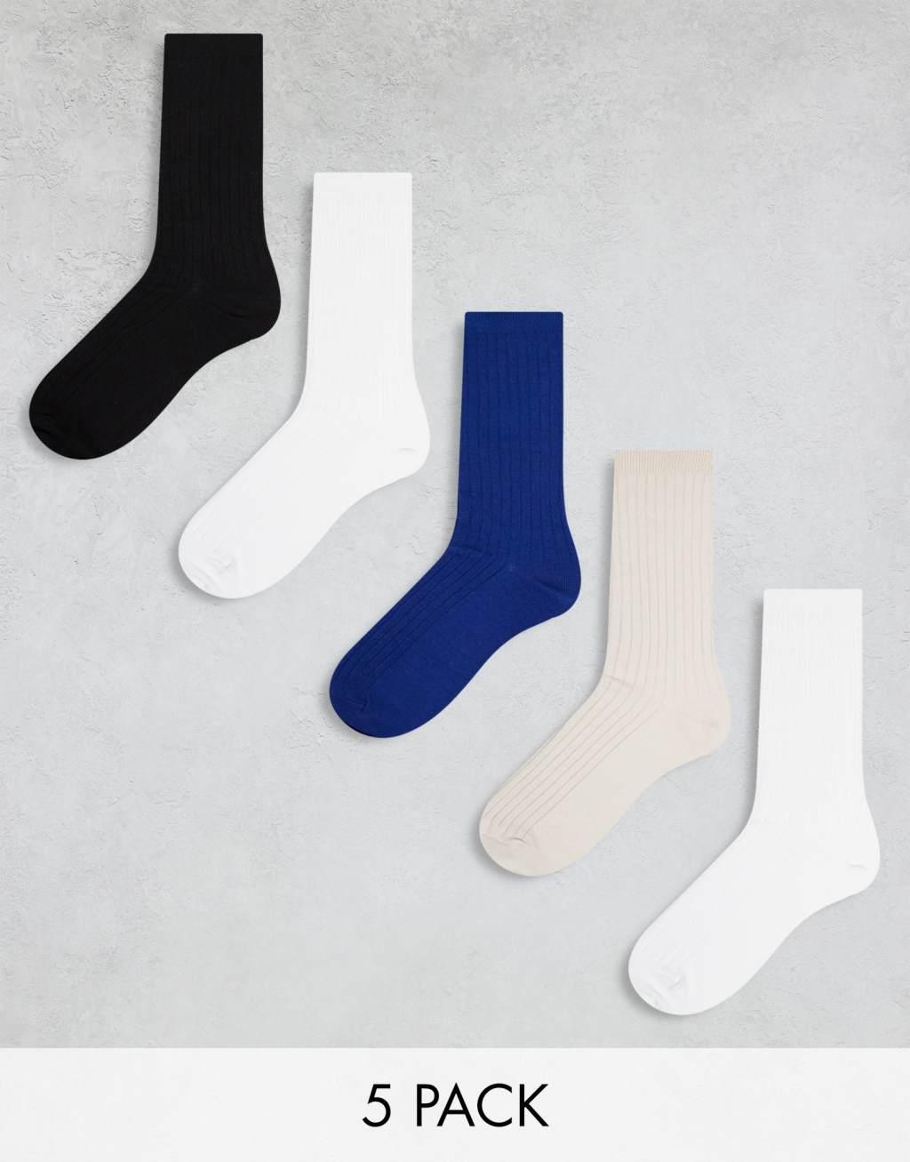 Weekday 5-pack ribbed socks in black white beige and blue Product Image