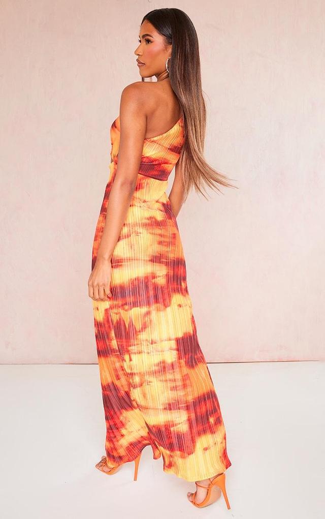 Orange Print Plisse Knotted Split Detail Maxi Dress Product Image