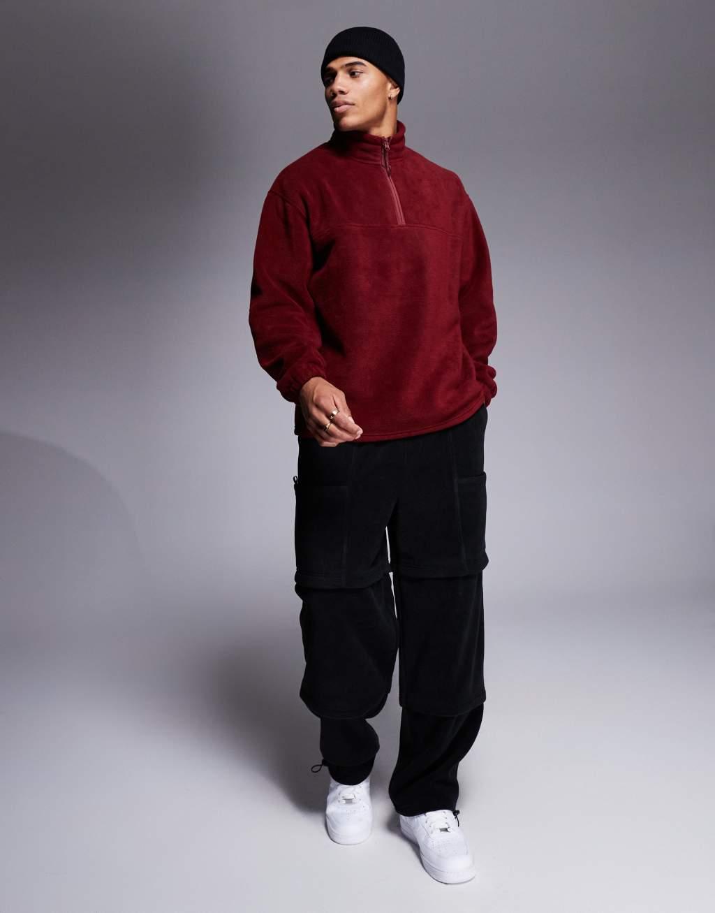 ASOS DESIGN oversized half zip fleece sweatshirt in burgundy Product Image