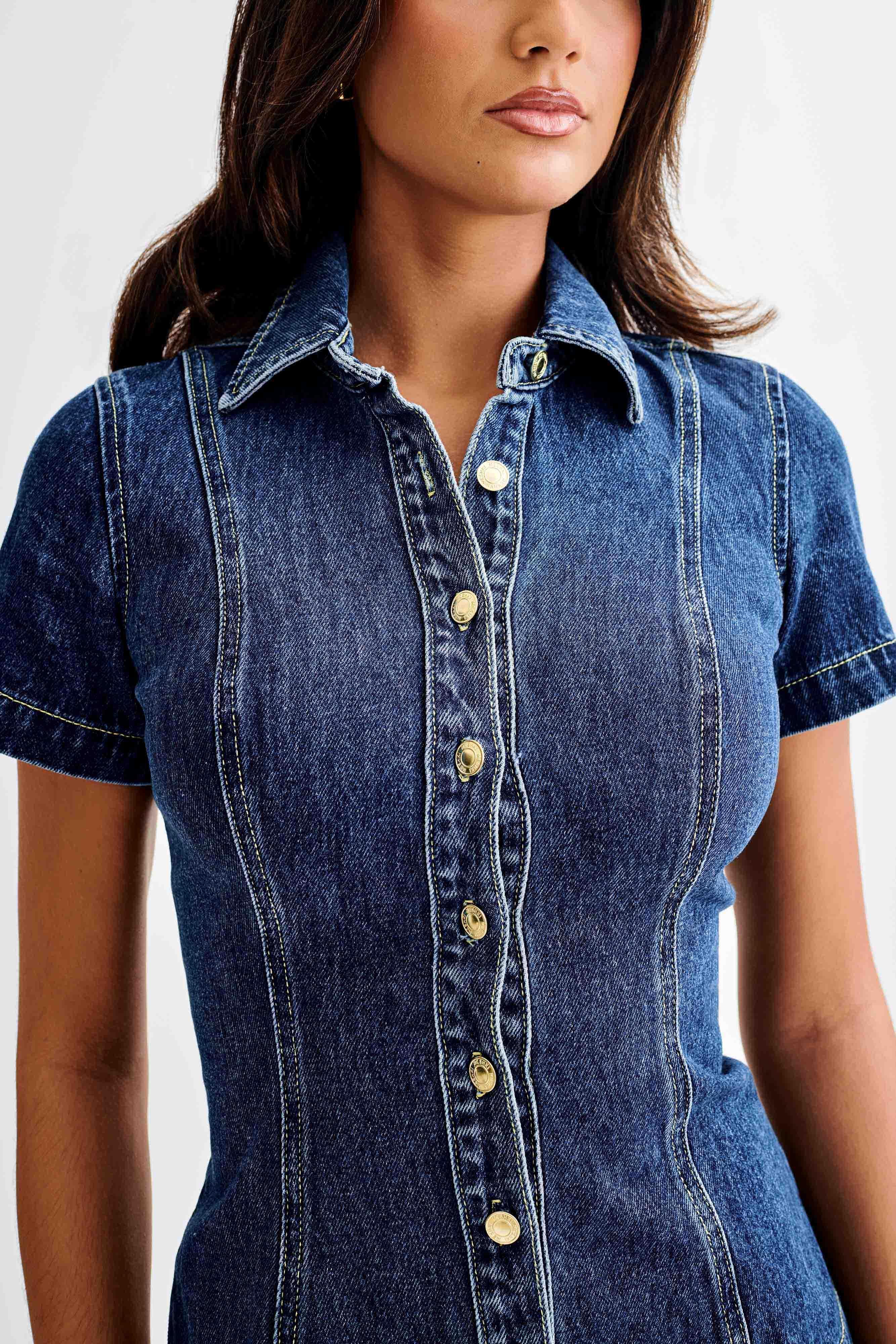 Ellie Denim Short Sleeve Top - Dark Blue Product Image