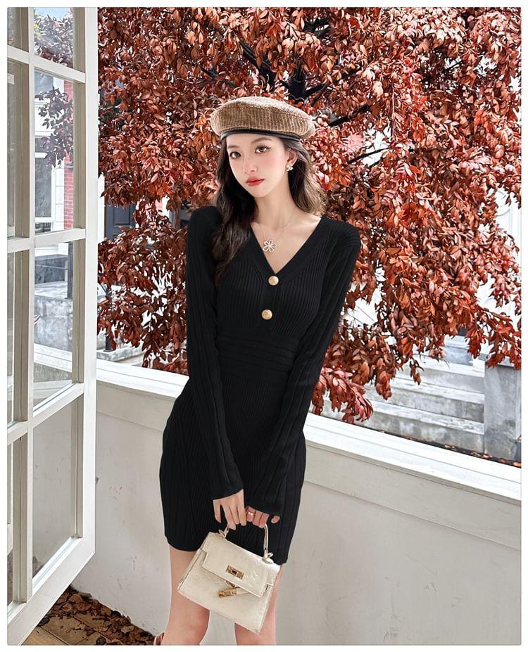 Long Sleeve V-Neck Button Ribbed Bodycon Sweater Dress Product Image