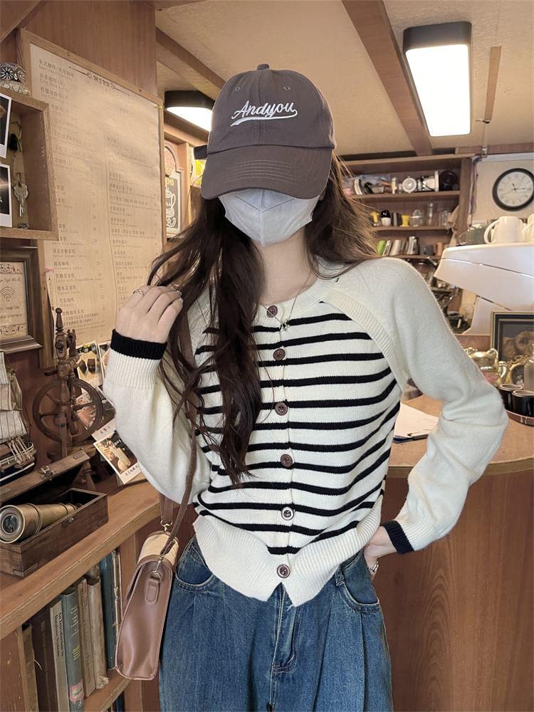 Crew Neck Striped Raglan Button-Up Cardigan Product Image