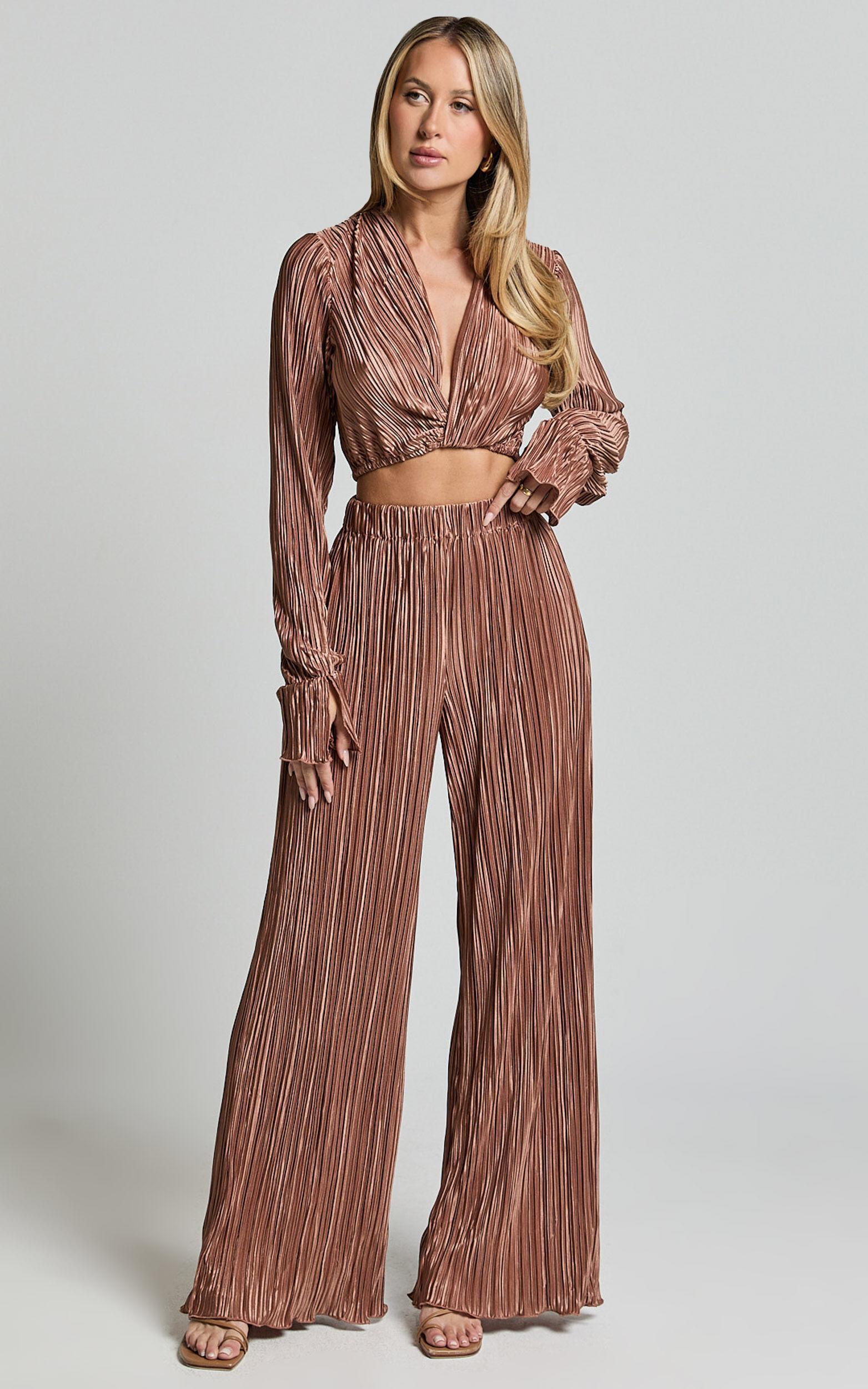 Aluna Two Piece Set - Plisse Twist Front Crop Top and Wide Leg Pants Set in Chocolate product image