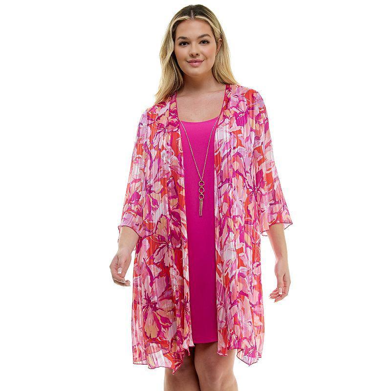 Plus Size Luxology 2-Piece 3/4 Bell Sleeve Cardigan & Drop Collar Dress Set, Womens Product Image