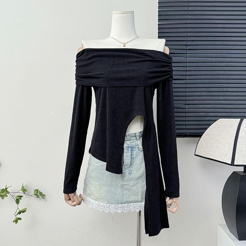 Asymmetrical Off-Shoulder Slited Crop T-Shirt Product Image