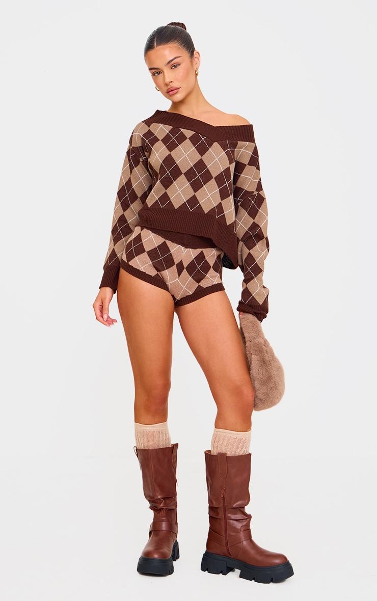 Chocolate Argyle Jacquard Knit Slouchy V Neck Sweater Product Image