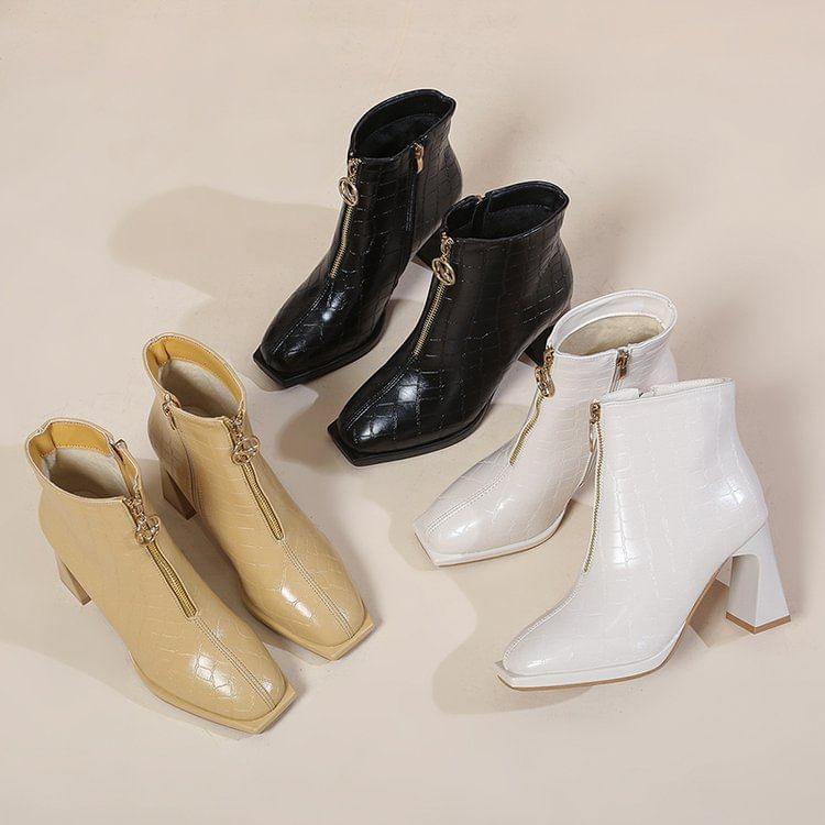 Block Heel Zip-Up Pointed Ankle Boots Product Image