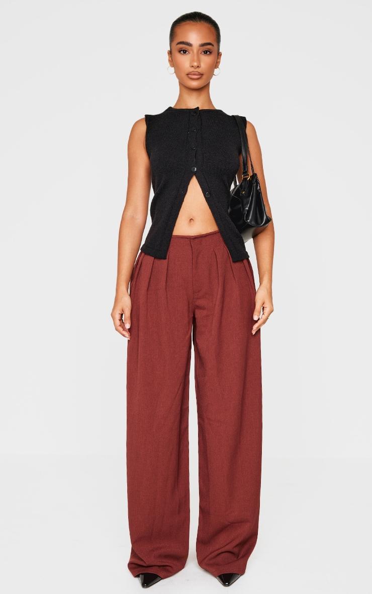 Chocolate Thin Waistband Pintuck Detail Tailored Woven Pants Product Image