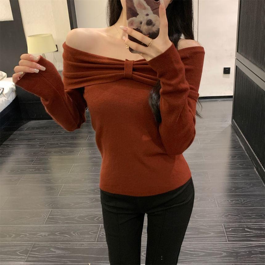 Off-The-Shoulder Long Sleeve Plain Ribbed Knitted Top Product Image