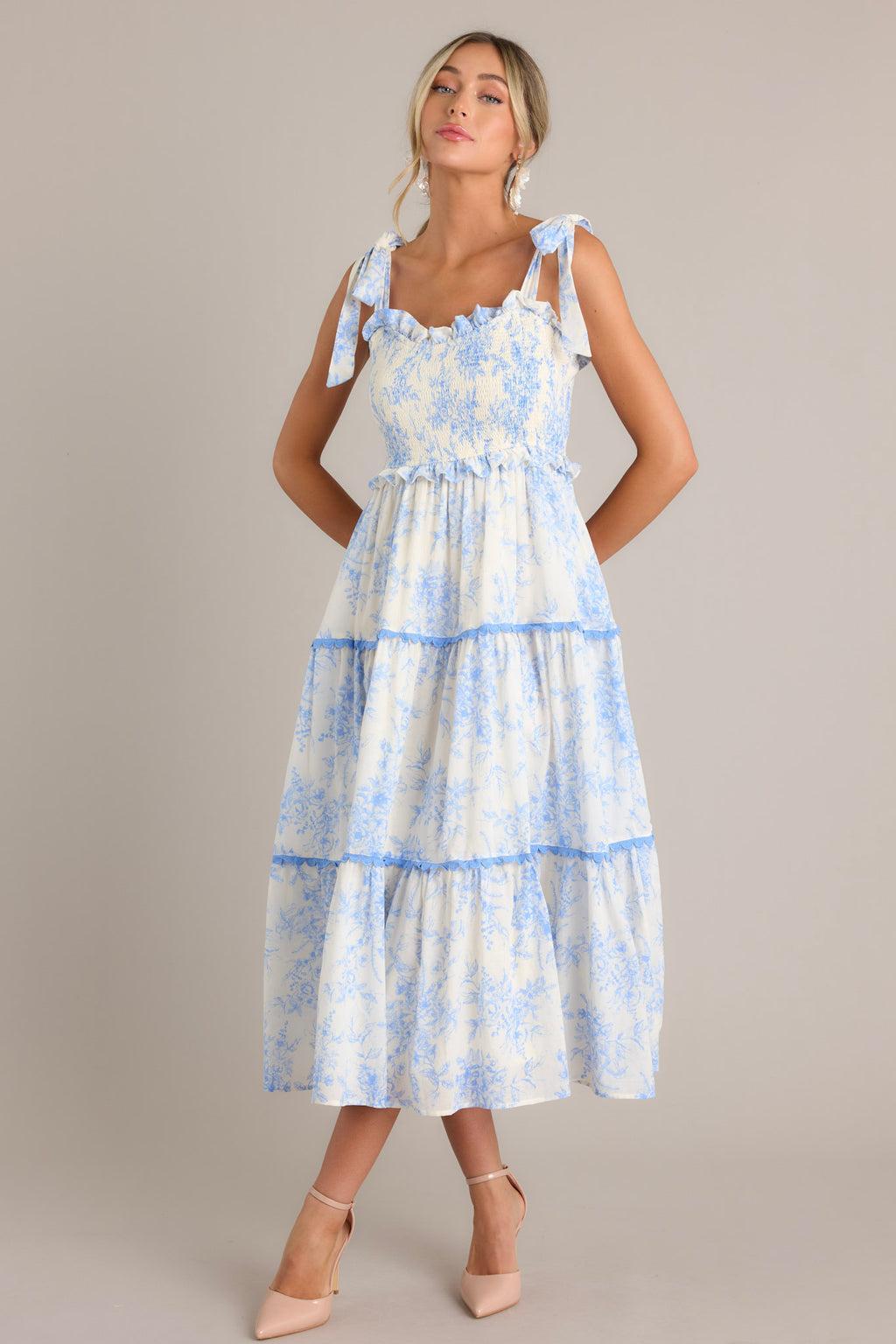 Meadow Serenade Blue Floral Toile Midi Dress Product Image