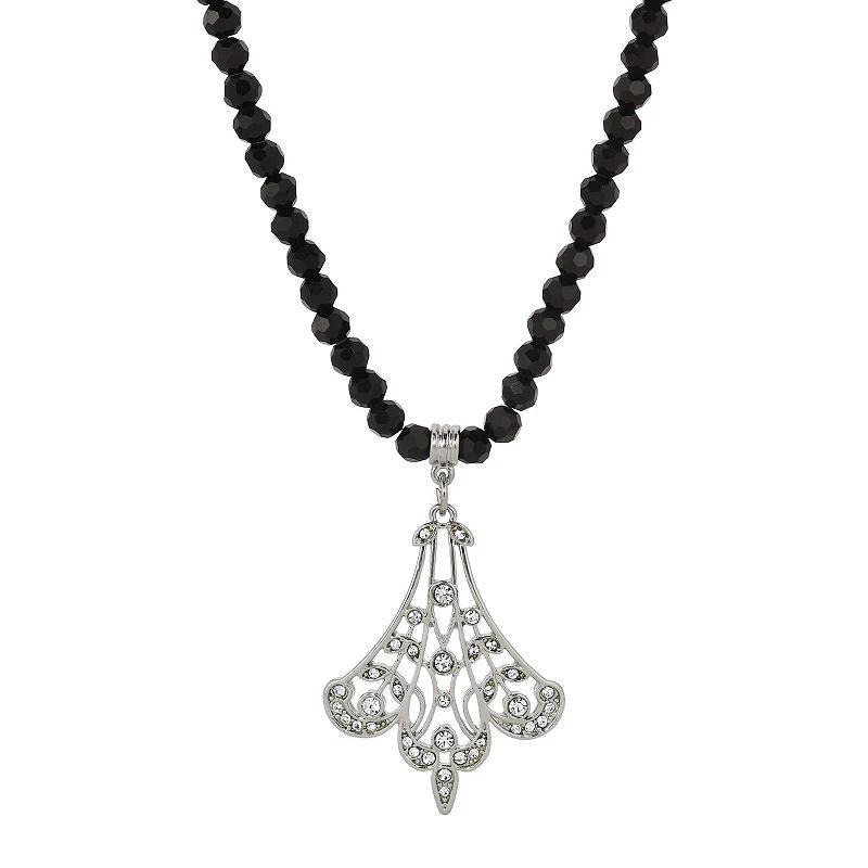 1928 Silver Tone Black Glass Bead Crystal Filigree Fan Necklace, Womens, White Product Image