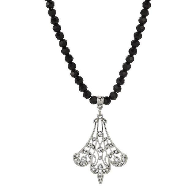 1928 Silver Tone Black Glass Bead Crystal Filigree Fan Necklace, Womens, White Product Image