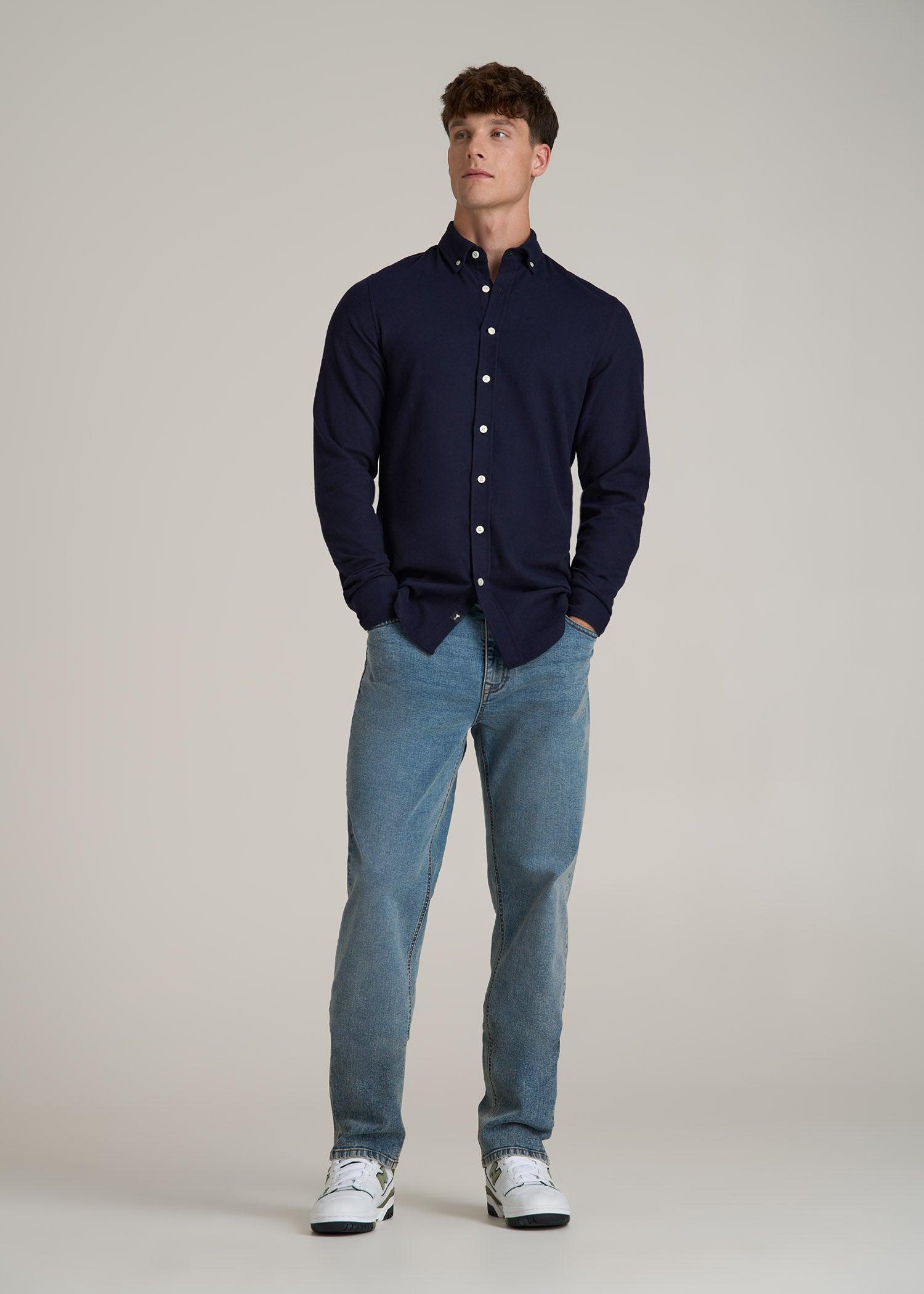 Midweight Brushed Flannel Button Shirt for Tall Men in Evening Blue Male Product Image