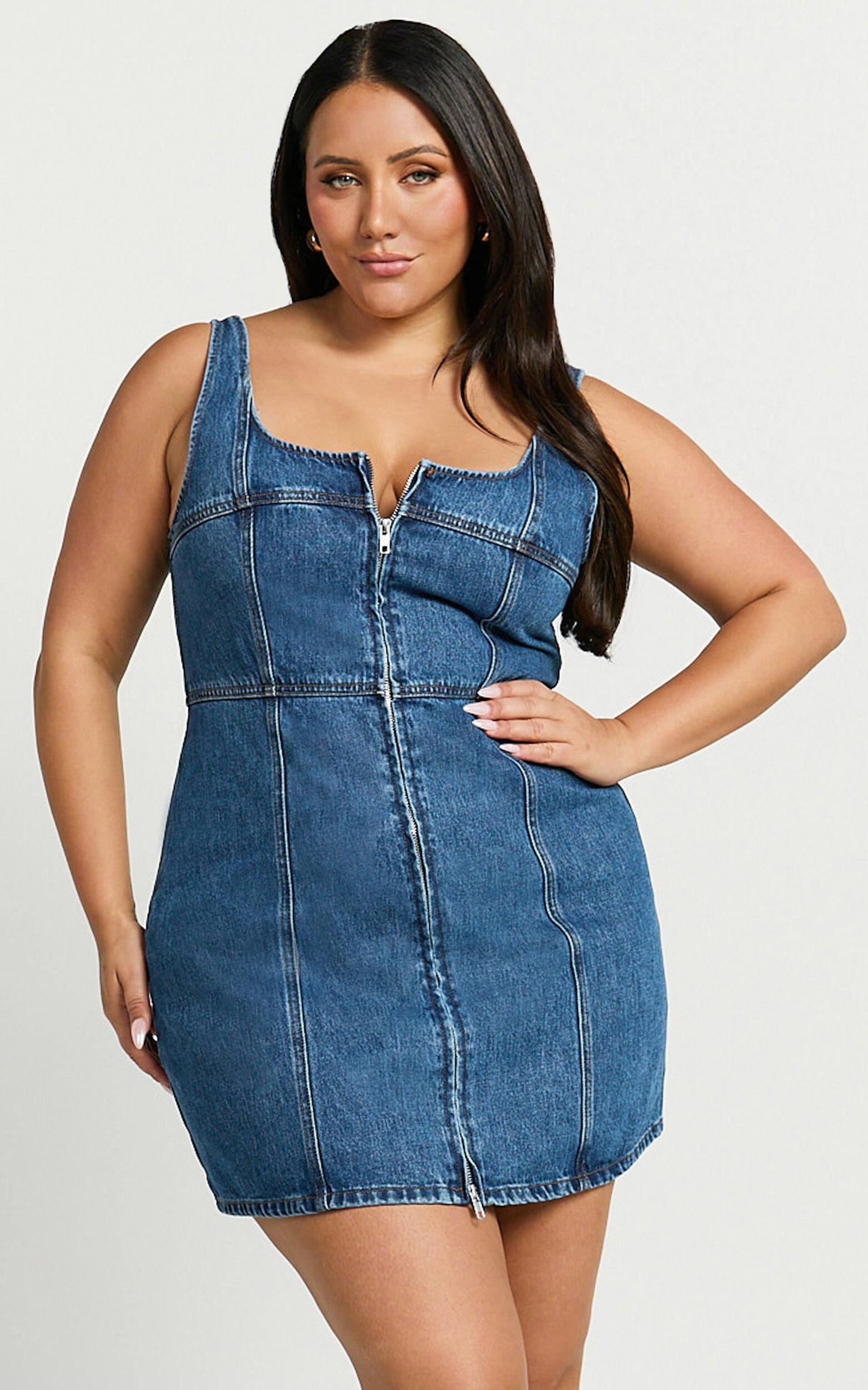 Chrysoula Mini Dress - Square Neck Zip Front Sleeveless Bodycon Denim in Mid Blue Wash Product Image