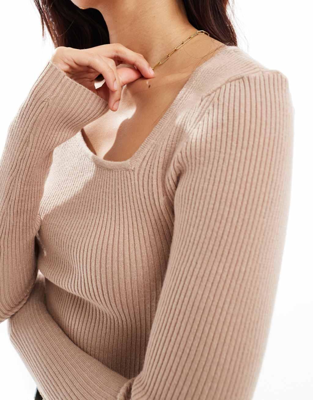 YAS asymmetric neck long sleeve knitted top in beige Product Image