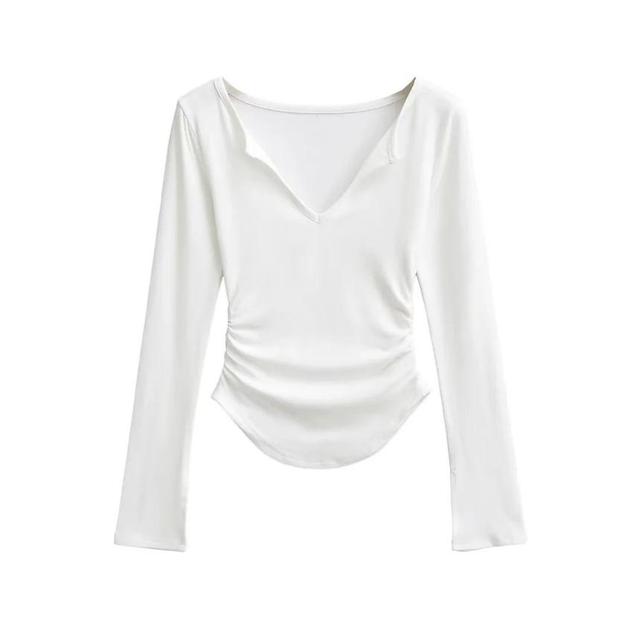 Long-Sleeve V-Neck Plain Crop Top Product Image