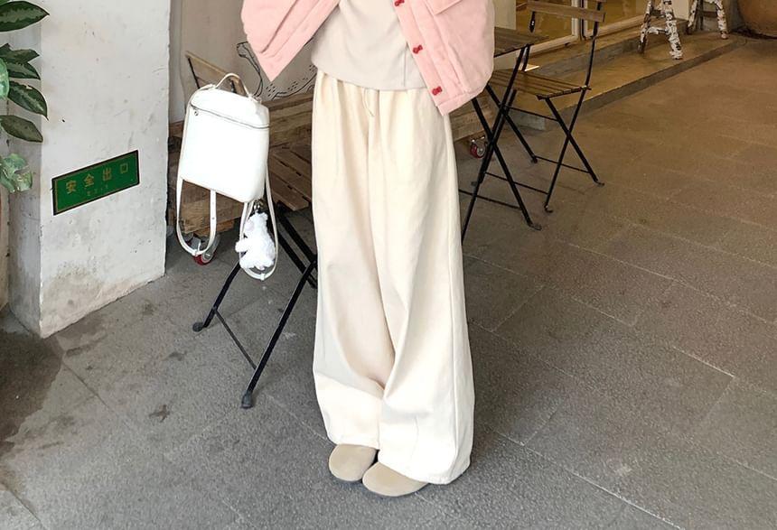 Long-Sleeve Stand Collar Plain T-Shirt / Stand Collar Frog Buttoned Jacket / Elastic Waist Wide Leg Pants Product Image