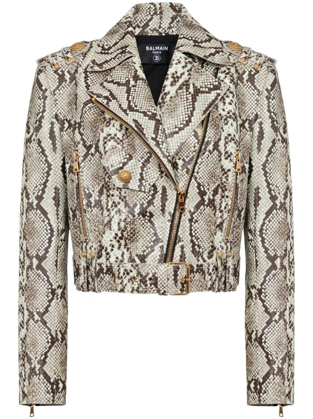 Snakeskin-effect Leather Biker Jacket In Grey Product Image