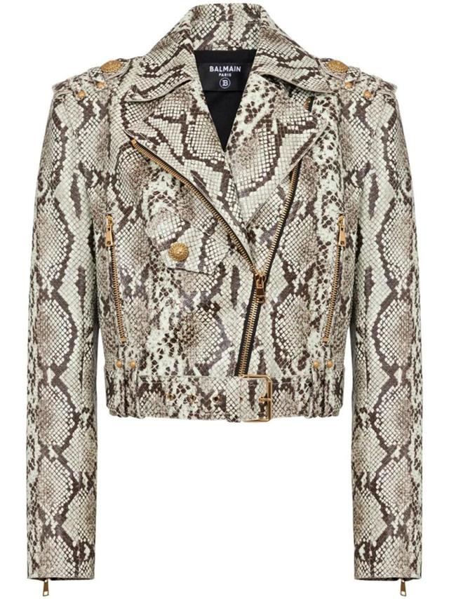 Snakeskin-effect Leather Biker Jacket In Grey Product Image