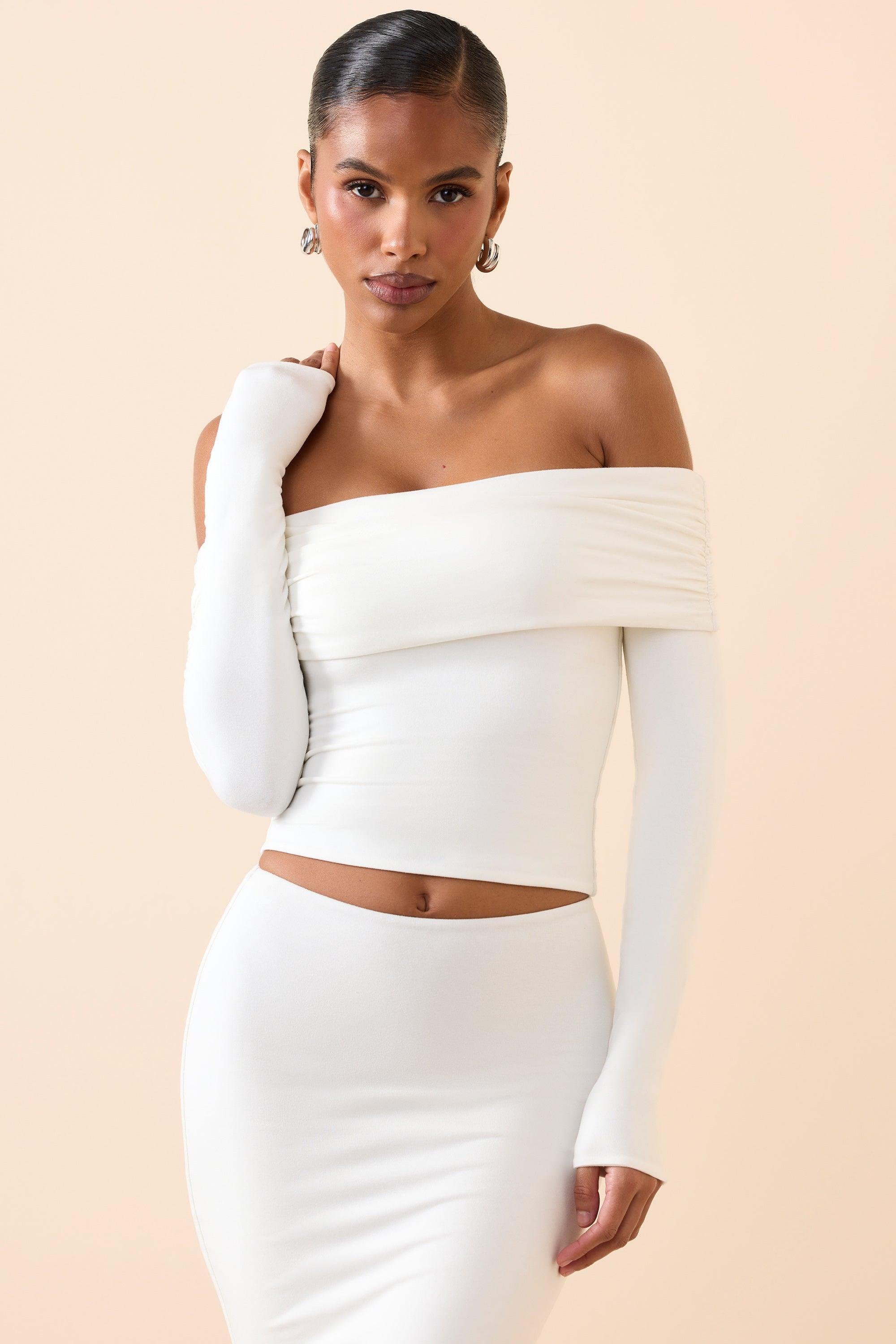 Modal Off-Shoulder Long-Sleeve Top in White Product Image