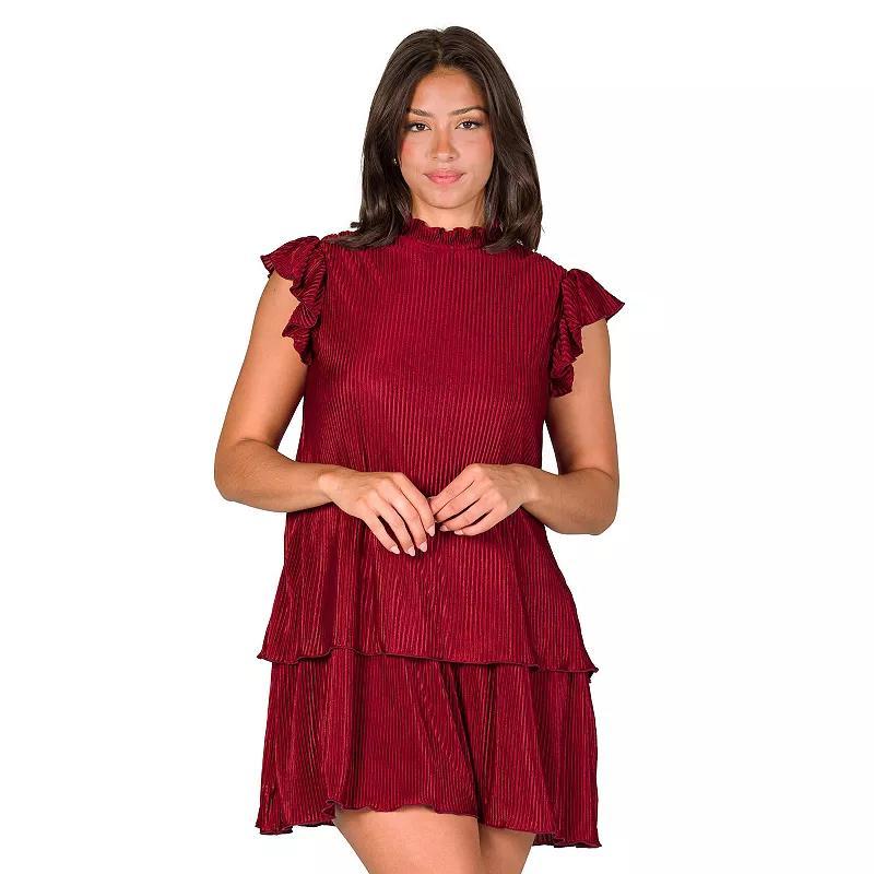 Womens 24Seven Comfort Apparel Ruffle Cap Sleeve High Neck Pleated Tiered Mini Dress Product Image