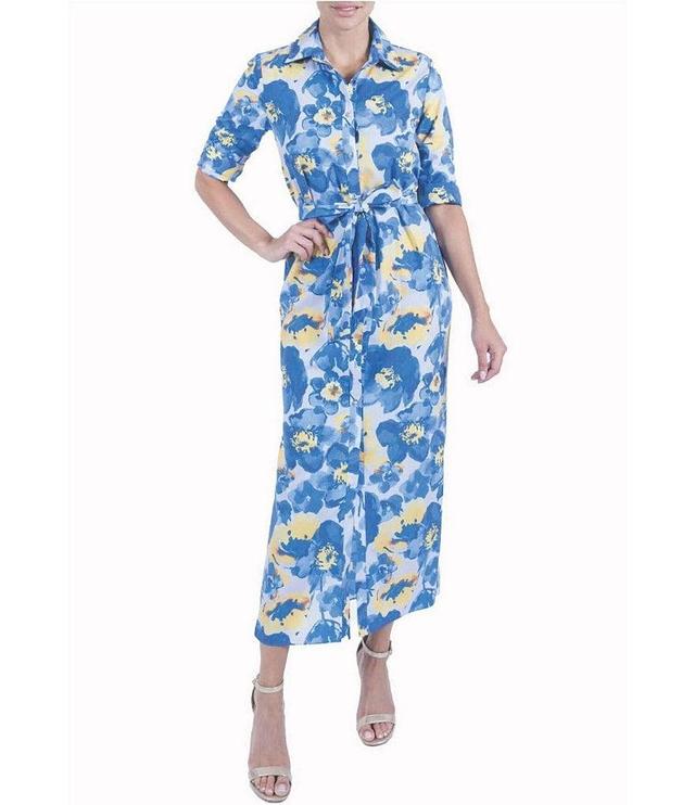 Julia Jordan Floral Printed Poplin Collared Neckline 3/4 Sleeve Shirt Dress Product Image