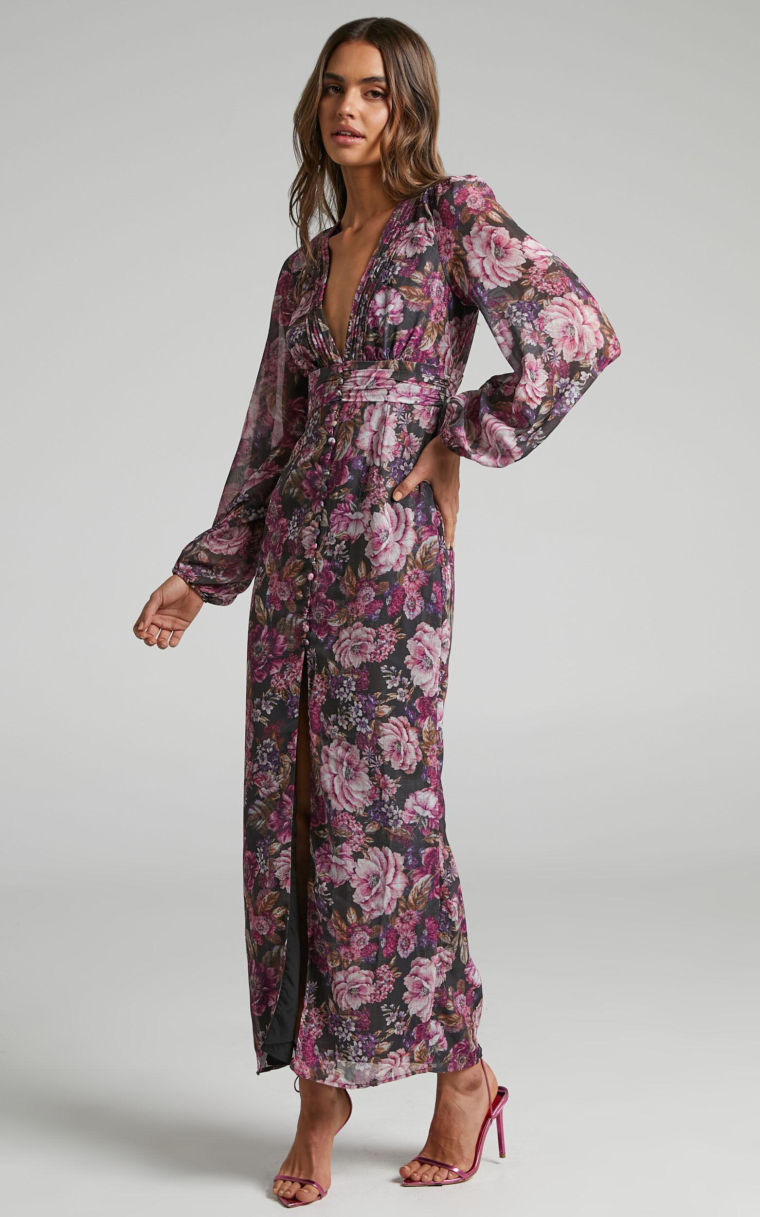 Lorelei Midi Dress - V Neck Balloon Sleeve Dress in Harvest Floral Product Image