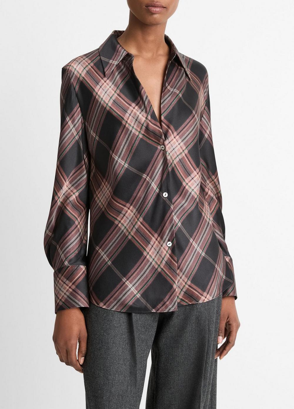 Silk Plaid Bias Long-Sleeve Blouse Product Image